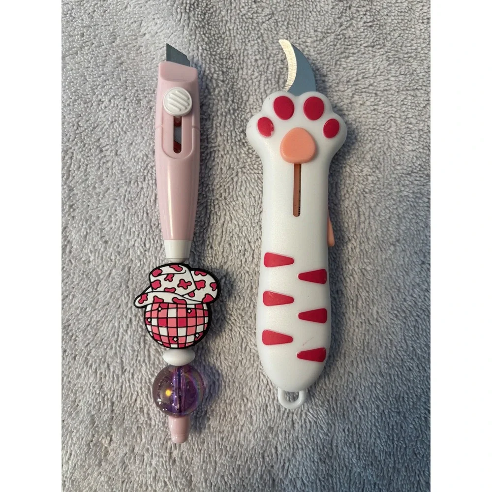 2pc Cute Retractable Box Cutter Set Pink Disco Cowboy Hat & Cat Paw Stationery